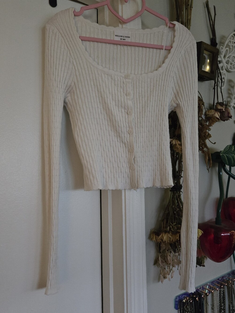 Willow & Wind Ribbed Knit Long Sleeve Scoop Neck White Cardigan Sweater Md